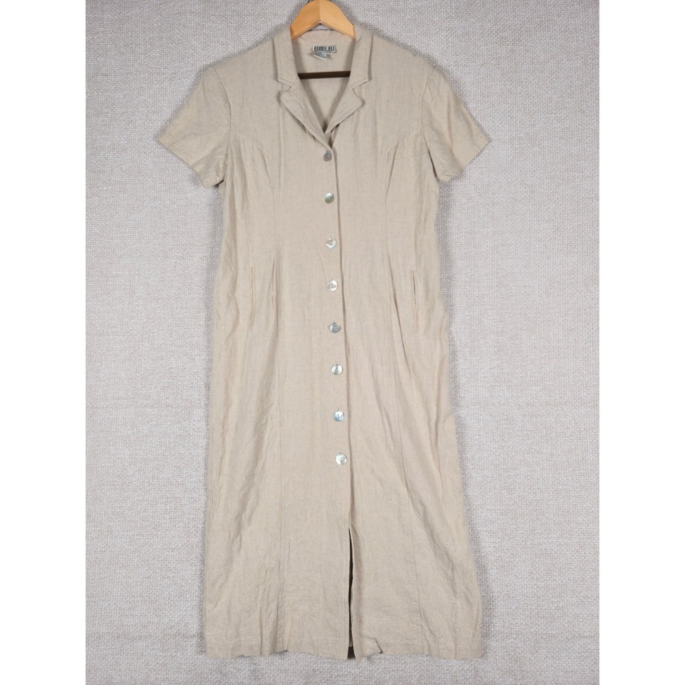 Vintage Robbie Bee Tan Linen Rayon Button Front Dress Size 16 Short Sleeve Boho